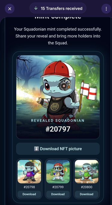 An NFT mint completion screen showing "Revealed Squadonian #20797" featuring a cartoon alien character with a red and white cap holding a flag, with options to download the NFT picture and three more reveals below.