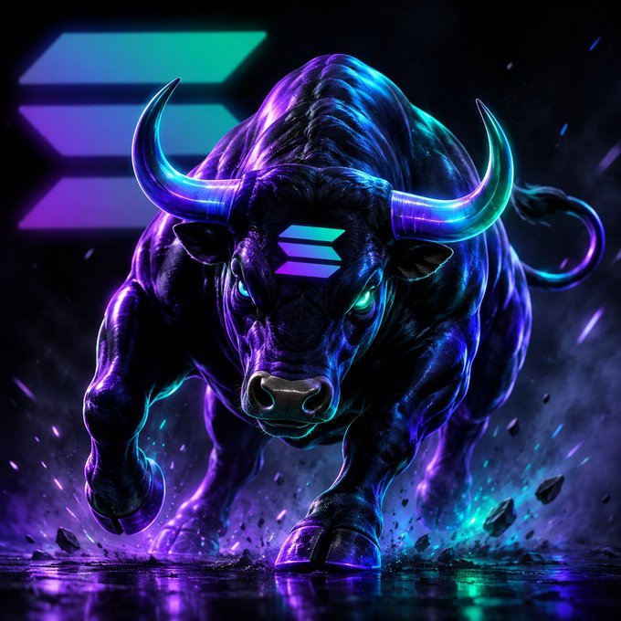 A charging neon bull with glowing cyan horns and a Solana logo on its forehead, symbolizing bullish momentum for a favorite Solana ecosystem project.