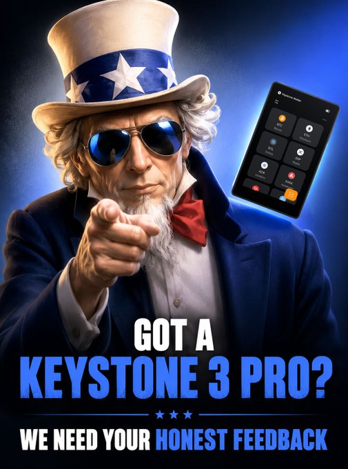 The image features Uncle Sam pointing at the viewer while wearing sunglasses and his iconic star-spangled top hat, alongside a floating smartphone displaying an app interface. Bold text reads "GOT A KEYSTONE 3 PRO? WE NEED YOUR HONEST FEEDBACK," tying directly to the post's call for Keystone 3 Pro users to complete a quick anonymous survey at keyst.one/question-naire to share their real-world usage insights.
