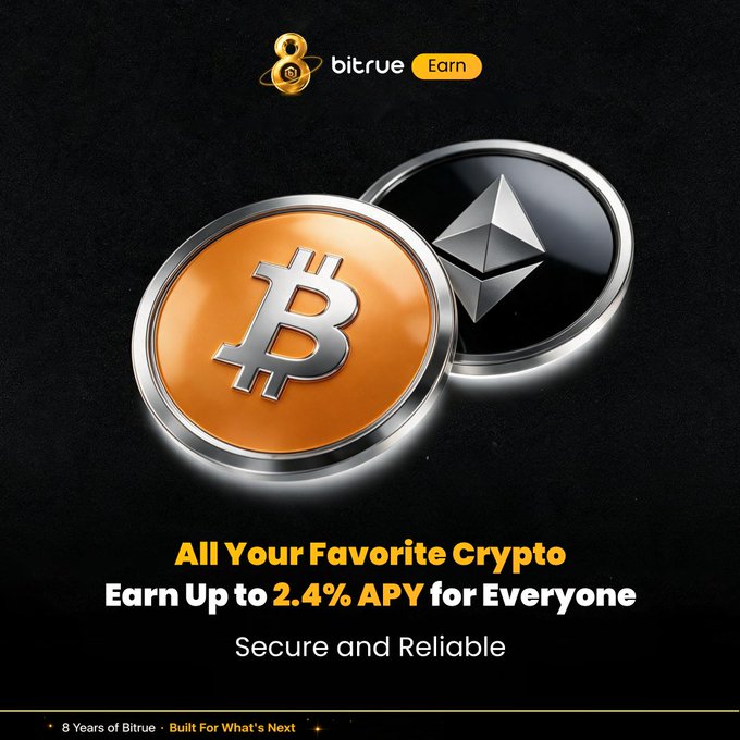 A promotional image for Bitrue's "Earn" feature, featuring the Bitrue logo at the top with golden Bitcoin (₿) and silver Ethereum (◆) coins centered on a dark background, advertising "All Your Favorite Crypto — Earn Up to 2.4% APY for Everyone — Secure and Reliable," with a footer noting "8 Years of Bitrue · Built For What's Next," visually supporting the post's call to stake BTC or ETH for fixed-term yields.