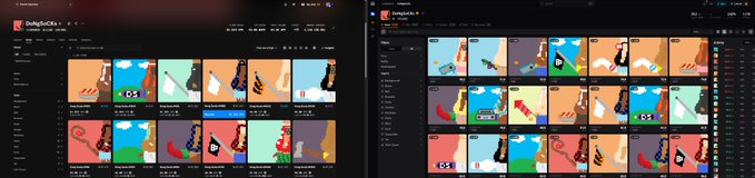 Two side-by-side screenshots of a digital marketplace called 'DailyCoin' displaying various NFT collections featuring cartoon-style artwork.