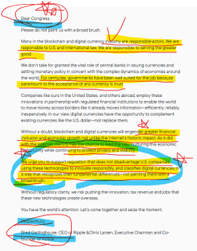 A annotated open letter to Congress from Ripple Labs CEO Brad Garlinghouse criticizing outdated U.S. financial regulations, with key passages highlighted—particularly his arguments about regulations written for a different era, outdated rules seven years later, and calls for regulatory clarity for digital assets and blockchain innovation.