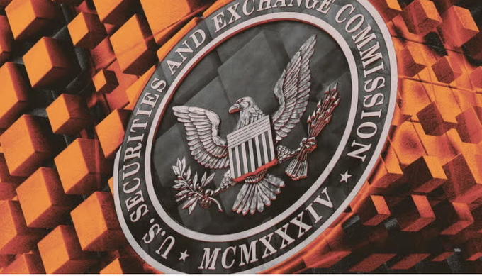 The U.S. Securities and Exchange Commission (SEC) seal is displayed against an orange textured background, representing the regulatory body that Coinbase ($COIN) filed registration documents with to offer equity perpetuals trading.