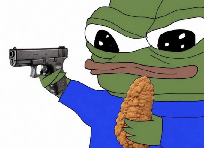 A cartoon image of Pepe the Frog wearing a blue shirt, holding a chicken tender in one hand and pointing a handgun with the other.