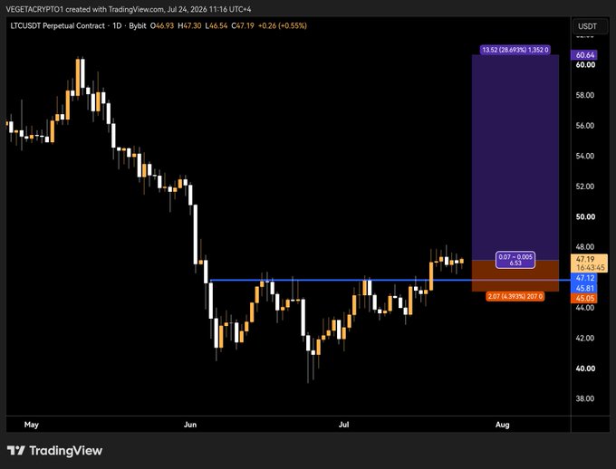 A TradingView chart of the LTCUSDT Perpetual Contract on Bybit displays a daily candlestick view from May to August 2024, with LTC currently at $47.19 (+0.26%). The chart highlights a potential short trade setup with a risk-reward ratio of 0.07:1, showing an entry at 47.12, stop loss at 45.81, and target at 133.52, aligning with the post's confidence in LTC holding strong.