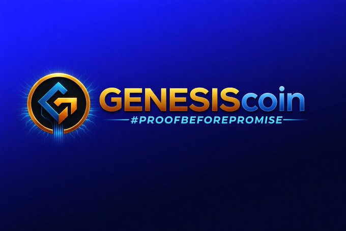 The image features a logo for Genesis Coin, which is a cryptocurrency platform that uses a blue background with gold text. The logo includes a blue circle containing an upward-pointing arrow, symbolizing progress or growth. Below the logo, there's a hashtag (#proofbeforepromise), indicating that the coin is focused on providing proof before making any promises. This implies that Genesis Coin prioritizes transparency and evidence of their platform's functionality over making grand claims without substantial backing.