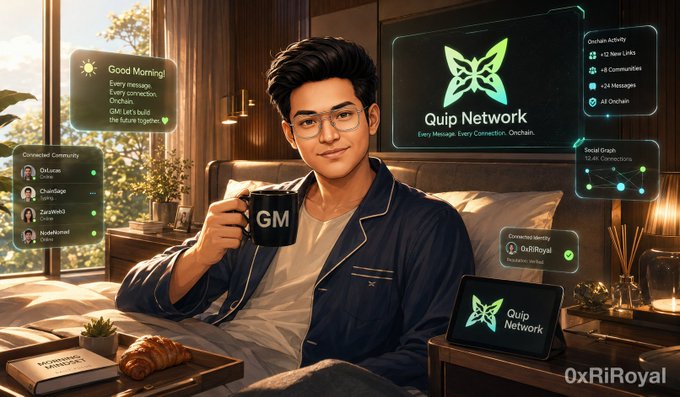 An illustrated promotional image of a young man holding a "GM" mug, surrounded by UI panels promoting "Quip Network" with the tagline "Every Message. Every Connection. Onchain," signed by "0xRiRoyal".