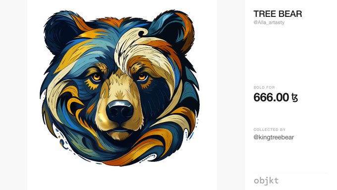 A digital art marketplace listing displays a colorful, stylized illustration of a bear's face composed of blue, orange, and yellow shapes. The piece, titled 'TREE BEAR' by @Alla.artasty, is listed as 'SOLD FOR 666.00' on the 'objkt' platform.