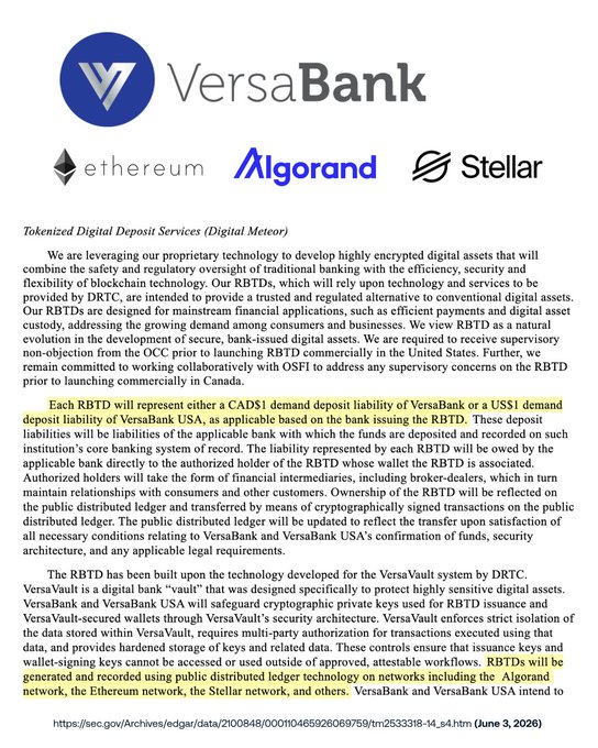 The image shows a document with text that reads "The RBCD has been built upon the technology developed for VersaBank USA, which is called 'digital bank'. This technology will enable Veracode to create tokens based on data stored in Veracode's digital assets". The document also mentions that the RBCD will be used to create tokens based on data stored in Veracode's digital assets. 

The text appears to be a part of a larger document, possibly an announcement or press release from VersaBank regarding their blockchain-based tokenized deposits project.