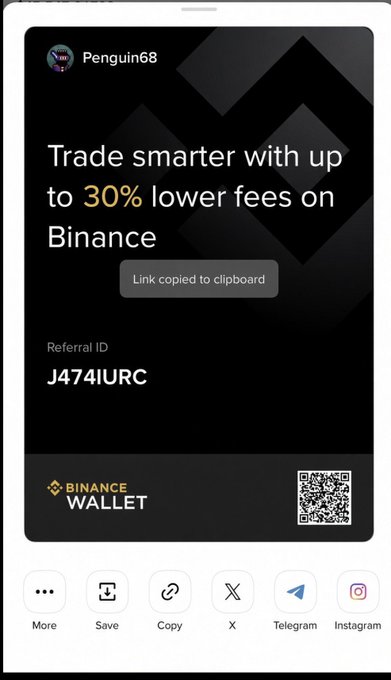 A Binance Wallet referral screenshot from user 'Penguin68' offering up to 30% lower fees, with referral ID 'J474IURC' and a QR code.