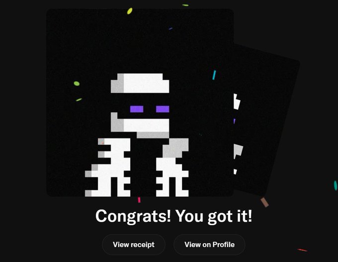 A digital achievement screen showing a pixel-art white skeleton character with purple eyes on a dark card, accompanied by the text 'Congrats! You got it!' and buttons for 'View receipt' and 'View on Profile'.