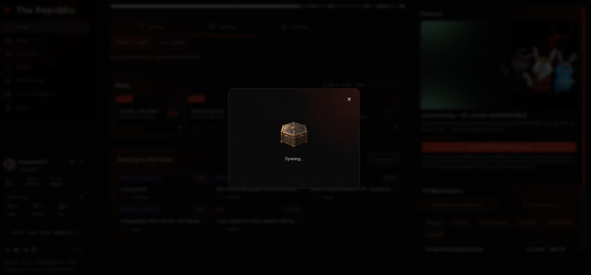 A screenshot of a website with a dark theme, showing a pop-up modal in the center with a 3D illustration of a locked box and the text 'Opening...'.