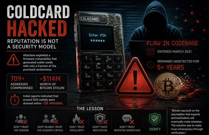 The image is an infographic titled "COLDCARD HACKED: Reputation is not a security model," featuring a Coldcard hardware wallet with a "Enter PIN" screen alongside a hooded hacker silhouette. It highlights that 709+ addresses were compromised and ~$114M in Bitcoin stolen due to a firmware flaw that entered the codebase in March 2021 and remained undetected for over 5 years. The graphic concludes with the lesson "Don't trust the vendor, don't blindly trust the vendor's critics, don't trust popularity, don't trust reputation, don't trust repeated narratives—verify."