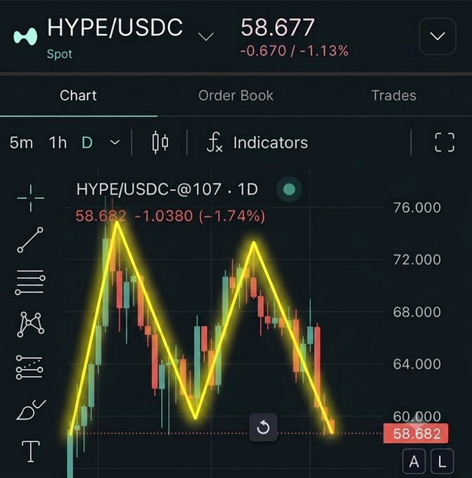 A trading chart shows HYPE/USDC spot price at 58.677, down 1.13%, with a yellow zigzag trend line on the daily (1D) timeframe illustrating a sharp decline from a high near 76.000 toward 60.000. The dramatic downward pattern visualized by the yellow line supports the post's implication of a "road to McDonald's" — a meme suggesting the price is headed toward zero (McDonald's famously being referenced when a stock or crypto "goes to zero," meaning it's worthless).