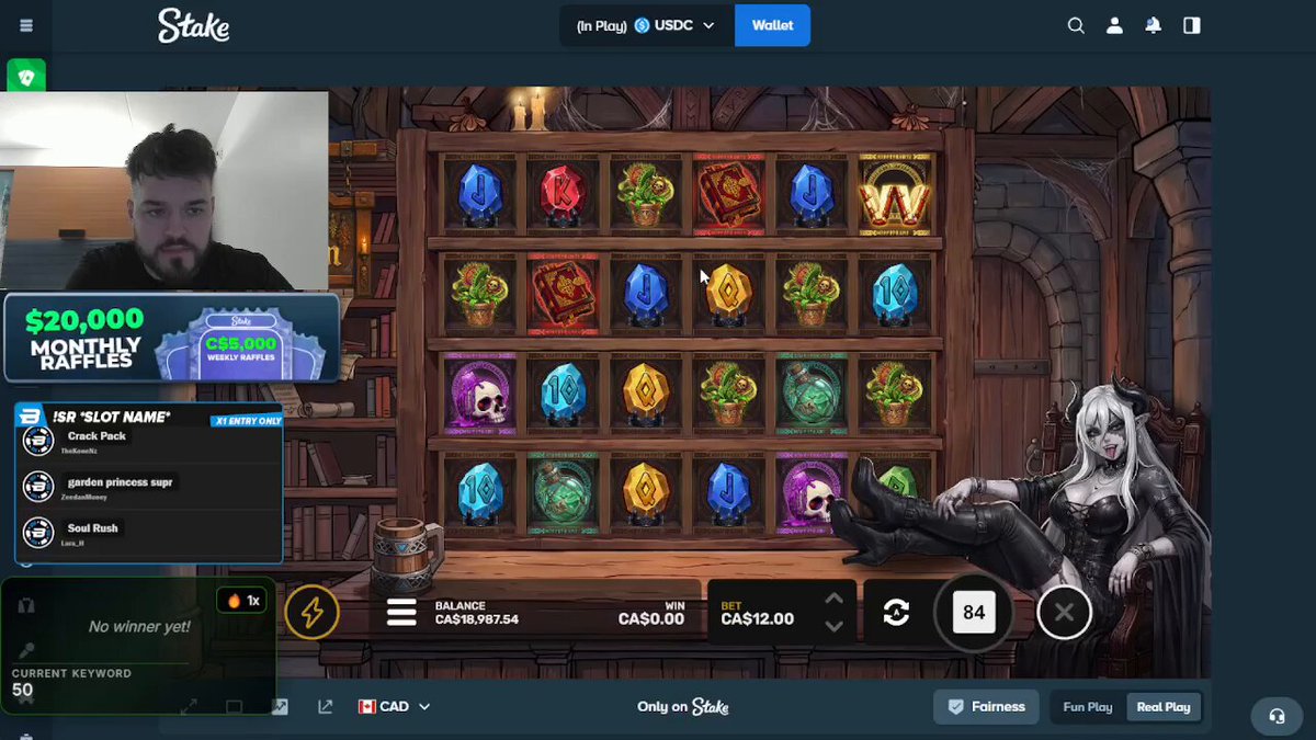 The image shows a man sitting at a slot machine, likely playing a game of chance or participating in an online gaming event. The slot machine has a large screen displaying various symbols and numbers, indicating that the player's outcome could be influenced by random combinations. The surrounding area features a bookshelf filled with numerous books, suggesting that this location might be a library or a bookstore.
