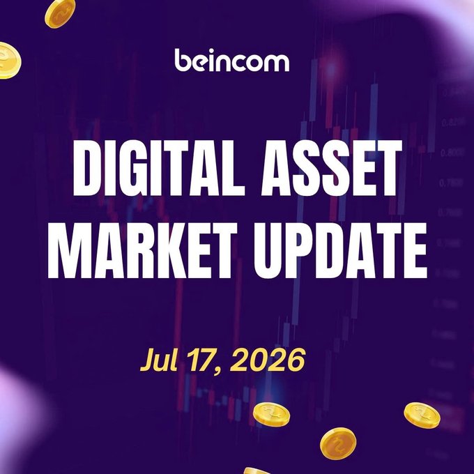 Beincom Digital Asset Market Update cover dated Jul 17, 2026, featuring a dark purple background with candlestick charts and gold coins.