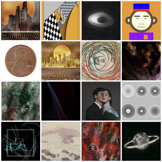 A 4x4 collage of diverse artistic and abstract images, including cityscapes, a penny, a cartoon monkey, swirls, and steampunk gears.