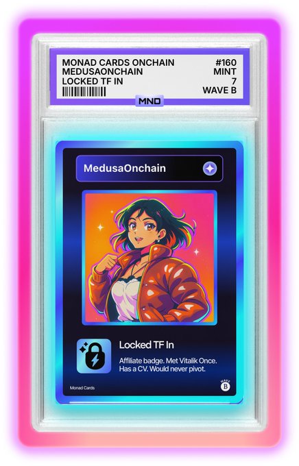 A PSA-graded digital trading card featuring an anime-style character, labeled 'MedusaOnchain' with the description 'Locked TF In'.