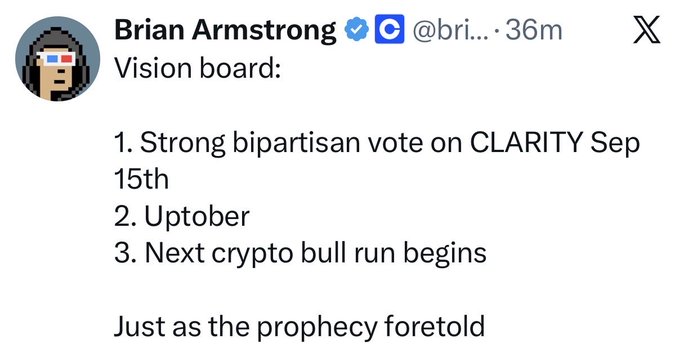 A screenshot of a tweet from Coinbase CEO Brian Armstrong (@brian_armstrong) outlining a "Vision board" predicting a strong bipartisan CLARITY Act vote on September 15th, followed by "Uptober," and the start of the next crypto bull run. The post aligns with Armstrong's bullish forecast cited in the article, with his #3 prediction directly teasing the upcoming crypto rally the post highlights.