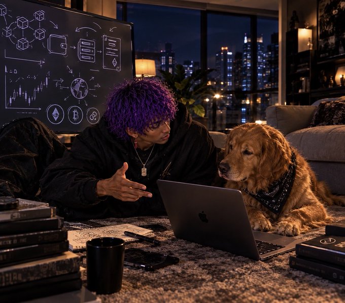 A stylized image of a person with purple hair wearing black clothing, lying on the floor next to a golden retriever dog wearing a bandana, both looking at a MacBook laptop with crypto/web3 charts and diagrams on a whiteboard in the background.
