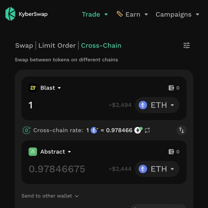 A screenshot of the KyberSwap interface on the "Cross-Chain" tab, showing a swap from 1 Blast to 0.97846675 Abstract via ETH, with a cross-chain rate of 1 ETH = 0.978466.