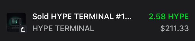 The image displays a transaction notification confirming the sale of one "HYPE TERMINAL #1..." for 2.58 HYPE, valued at $211.33. The lock icon next to "HYPE TERMINAL" suggests the remaining items are locked/being held, aligning with the post's note about holding the rest after selling one for $211.