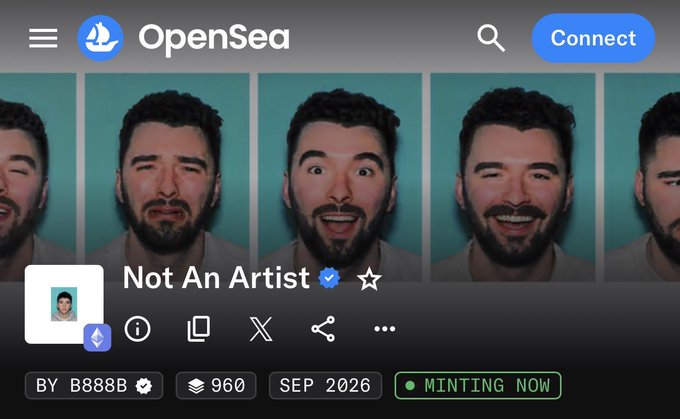 A screenshot of an OpenSea NFT collection profile named 'Not An Artist' with a verified checkmark, showing repeated portraits of a bearded man, currently 'MINTING NOW'.