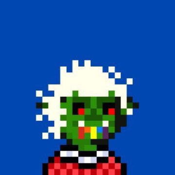 A pixel art illustration of a green-skinned zombie character with wild white hair and red eyes, wearing a red and white checkered shirt against a solid blue background.