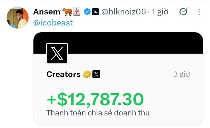 A screenshot of an X (Twitter) post by user @blknoiz06 (Ansem) tagging @icobeast, showing a revenue share payment of +$12,787.30 from the Creators program.