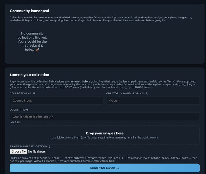 A dark-themed web interface for a 'Community launchpad' allowing users to launch an NFT collection, with fields for collection name ('Cosmic Frogs'), creator (@you), description, and image upload, plus a 'Submit for review' button.