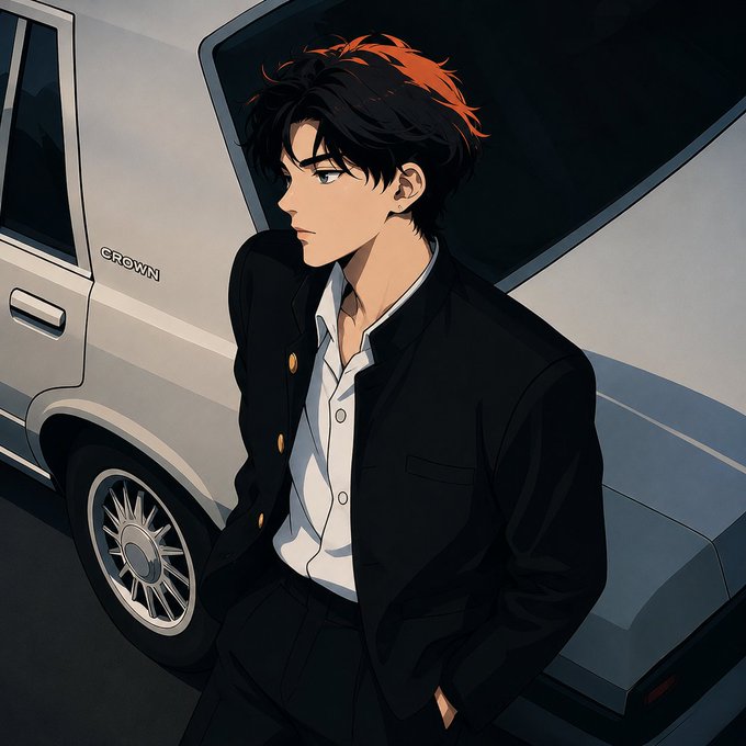 An anime-style illustration of a young man with dark hair featuring an orange highlight, wearing a black school uniform jacket over a white shirt, standing beside a white car with 'CROWN' visible on the side.