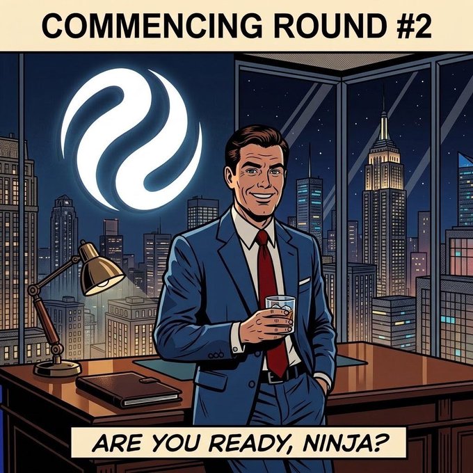 The image features a comic-style illustration of a confident businessman in a blue suit holding a drink in front of a nighttime city skyline, with the text "COMMENCING ROUND #2" at the top and "ARE YOU READY, NINJA?" at the bottom alongside an Injective logo. This visual serves as an announcement graphic promoting the second round of Injective's ambassador program, inviting participants to join and earn monthly $INJ rewards.