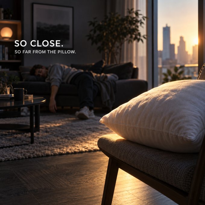 An advertisement showing a man sleeping on a couch in a dimly lit apartment at sunset, with a close-up pillow in the foreground and text reading "SO CLOSE. SO FAR FROM THE PILLOW."