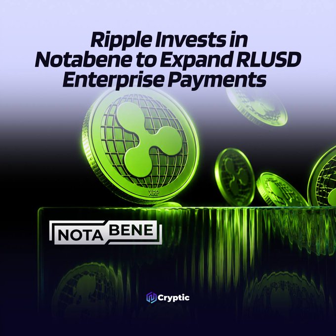 An image showing green XRP coins with the headline "Ripple Invests in Notabene to Expand RLUSD Enterprise Payments" and the Notabene logo, illustrating Ripple's strategic investment in Notabene to integrate its RLUSD stablecoin into Notabene Flow's payment network handling over $2 trillion in annualized transaction volume.