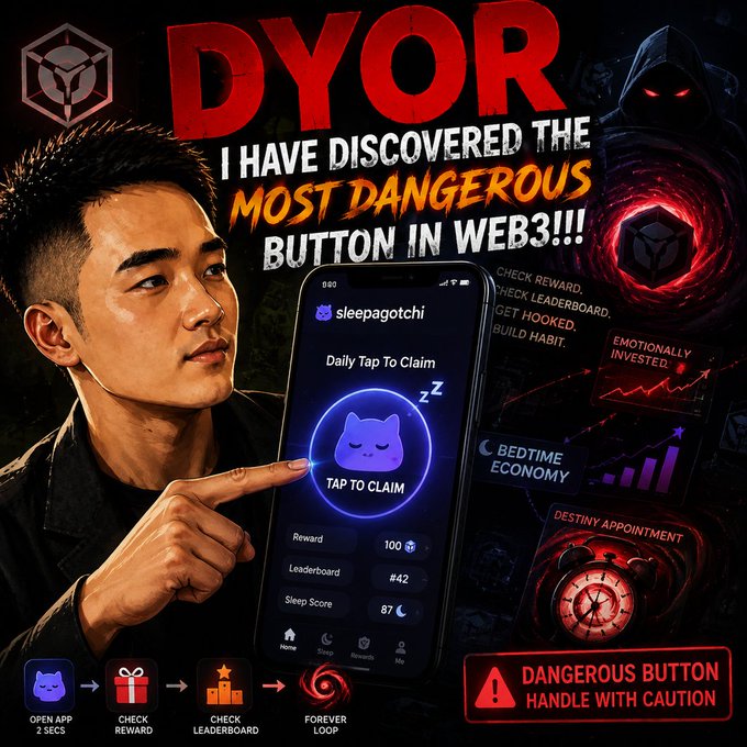 A YouTube-style thumbnail titled 'DYOR - I HAVE DISCOVERED THE MOST DANGEROUS BUTTON IN WEB3!!!' featuring a man pointing to a phone displaying the 'sleepagotchi' app with features like 'Daily Tap To Claim' and 'Bedtime Economy'.