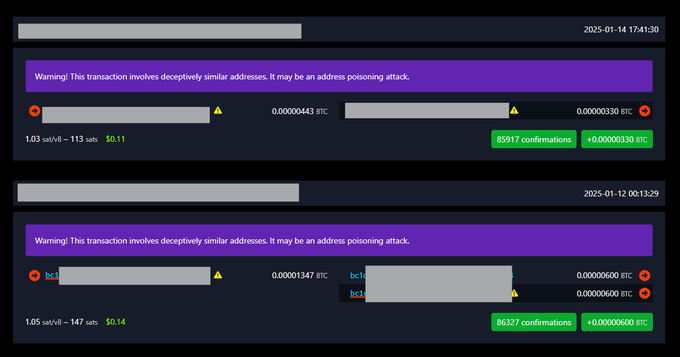 A screenshot of two cryptocurrency transactions flagged with purple warnings reading: 'Warning! This transaction involves deceptively similar addresses. It may be an address poisoning attack.'