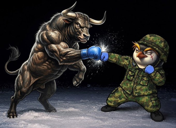 A stylized illustration of a muscular bull wearing blue boxing gloves clashing fists with a cartoon penguin soldier in camouflage gear against a dark background, symbolizing a bull vs. bear market battle.