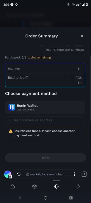 A mobile screenshot of the "marketplace.roninchain..." website displays an Order Summary for a purchase of 1 item, showing a "Total fee: $--" and "Total price: -- RON", with an error message stating "Insufficient funds. Please choose another payment method" below the Ronin Wallet option. This image directly relates to the post's complaint about excessive gas fees on the Ronin Network, as the user is unable to complete a supposedly "free mint" on the Yakkamon game due to a lack of funds.