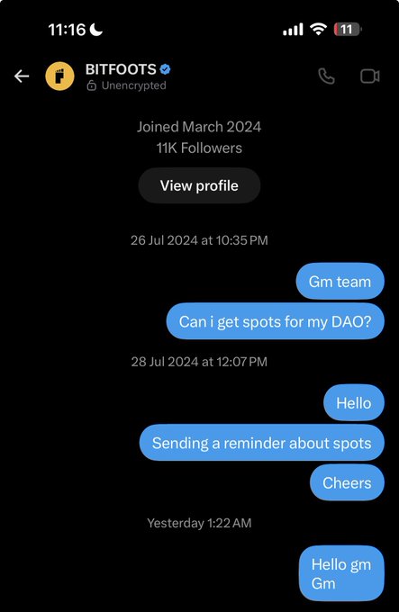 The image shows a Twitter DM conversation with "BITFOOTS" (11K Followers, joined March 2024) where the user messages "Gm team" and "Can i get spots for my DAO?" on July 26, followed by reminders on July 28 and yesterday, all left unanswered. This visually supports the post's claim of reaching out to BITFOOTS_ without receiving any replies.