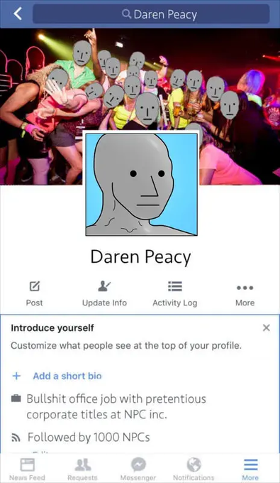 The image shows a social media post with a caption that reads "Introduce yourself". This post is about promoting a movement or cause called "NPCC", which stands for "National Privacy Compact". The post encourages users to join this movement by creating an account, adding their name and bio, and sharing the post on their own profiles. The image also includes a photo of a person with a face drawn over it, possibly representing the movement's logo or symbol.