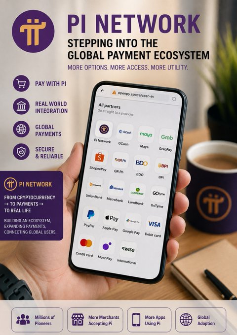 A promotional graphic for Pi Network titled "Stepping Into The Global Payment Ecosystem" features a hand holding a smartphone displaying the OpenPay app with Pi Network listed alongside major payment options like GCash, Maya, GrabPay, ShopeePay, PayPal, Apple Pay, Google Pay, Visa, Mastercard, MoonPay, and Wise. The image supports the post's claim that Pi is now integrated into mainstream payment platforms, highlighting Pi's tagline "From Cryptocurrency → To Payments → To Real Life."