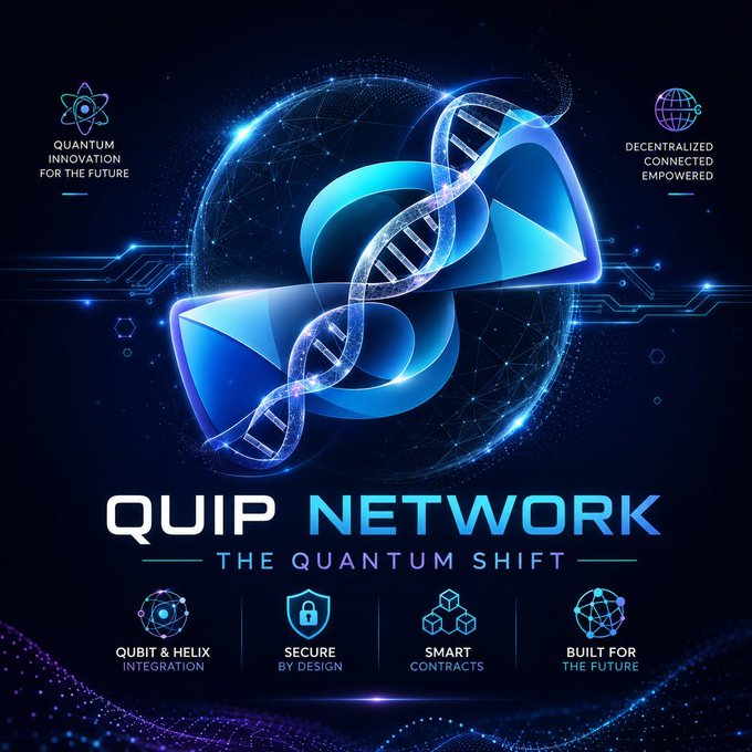 A promotional graphic for 'QUIP NETWORK' featuring a stylized DNA helix logo in blue, tagline 'THE QUANTUM SHIFT', and features 'QUANTUM INNOVATION FOR THE FUTURE', 'DECENTRALIZED CONNECTED EMPOWERED', 'QUBIT & HELIX INTEGRATION', 'SECURE BY DESIGN', 'SMART CONTRACTS', and 'BUILT FOR THE FUTURE'.