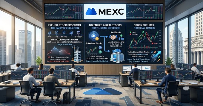 A promotional image for MEXC exchange showing a trading floor with screens displaying Pre-IPO Stock Products, Tokenized & Realstocks, and Stock Futures market information.