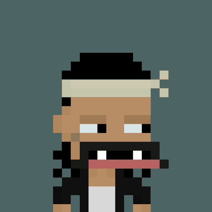 A pixel art character depicting a man with dark skin, a beard, a white headband, and a serious expression, wearing a white garment, set against a dark teal background.