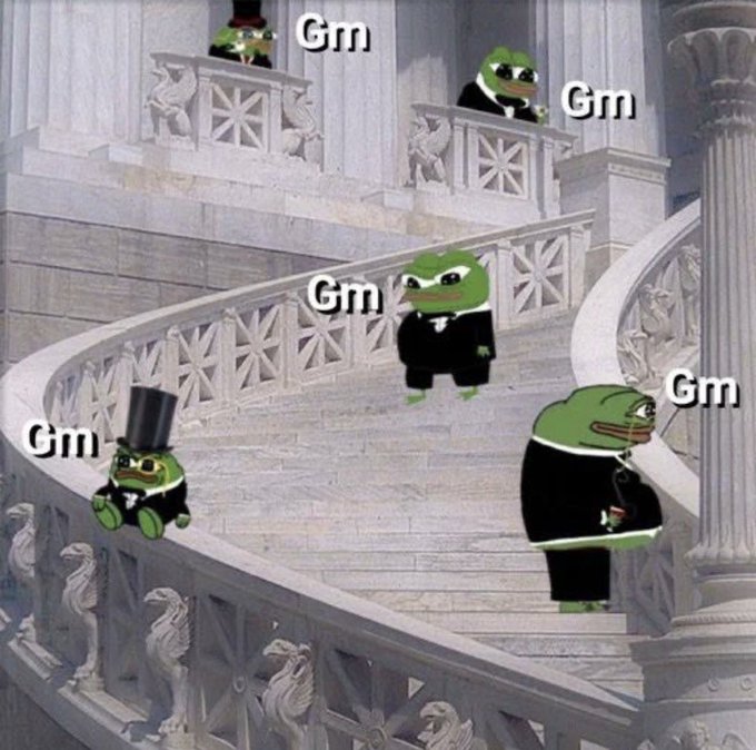A meme featuring multiple Pepe the Frog characters in formal tuxedos at a grand marble staircase, each labeled with 'Gm' (a common crypto greeting meaning 'Good morning').