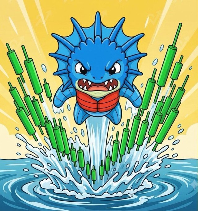 A vibrant cartoon illustration of an angry blue sea creature bursting out of splashing water, surrounded by floating green bamboo-like stakes against a yellow background.