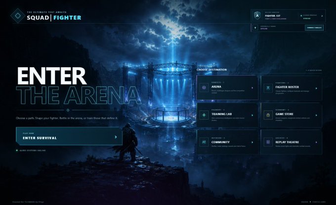 A video game menu screen titled "ENTER THE ARENA" for "SQUAD FIGHTER," featuring options like Arena, Fighter Roster, Training Lab, Game Store, Community, and Replay Theatre.