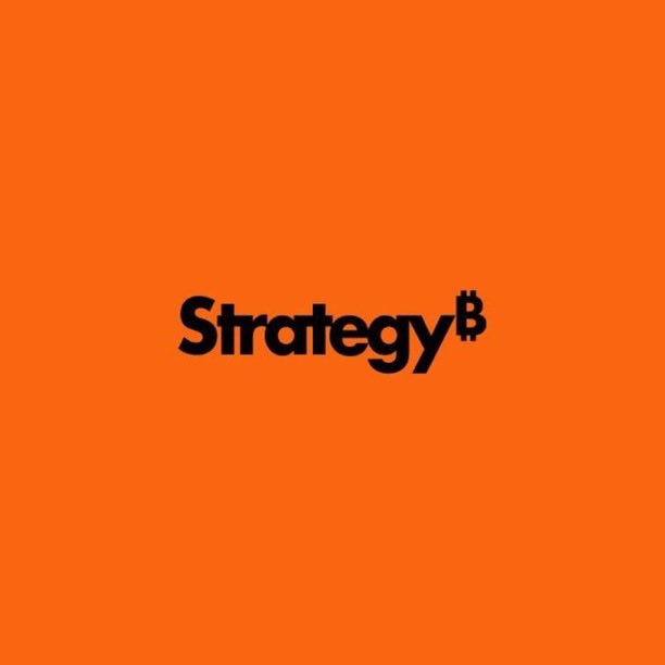 The image features the black "Strategy" logo with a Bitcoin symbol replacing the "B" in the "y," set against a bold orange background. This branding visually reinforces the post's message that Strategy (formerly MicroStrategy, MSTR) is defiantly standing its ground with Bitcoin, regardless of MSCI's potential index decisions.