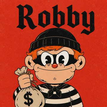 A cartoon burglar character wearing a black mask and striped shirt, holding a money bag with a '$' sign, with the name 'Robby' at the top on a red background.