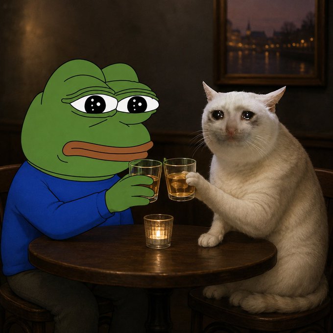 A cartoon Pepe the Frog in a blue sweater and a white cat clink glasses of an amber drink across a candlelit table, evoking the "Cheems" and "Sad Cat" meme crossover in a cozy pub setting. The image ties into the post's playful pitch of a "$CASHCAT" memecoin potentially fueling a bull market, blending viral meme icons with a celebratory, speculative tone.